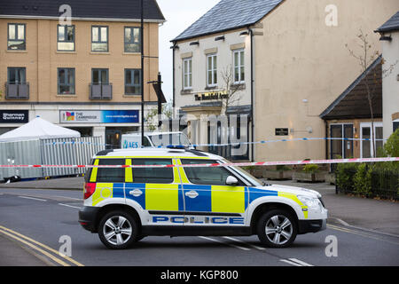 La polizia sulla scena di un doppio accoltellato che ha lasciato un uomo morto nel villaggio di cambourne,cambs,sabato mattina ott 28th. Foto Stock