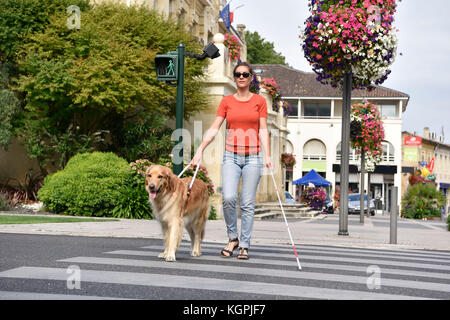 Donne cieche che attraversa la strada con aiuto del cane guida Foto Stock