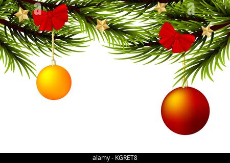 Realistico Buon Natale ramo a sfera albero di pino Illustrazione Vettoriale