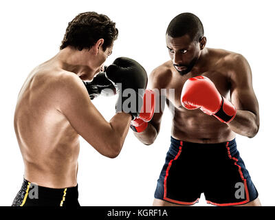 Due caucasian Muay Thai kickboxing kickboxer thai boxing uomini isolati su sfondo bianco Foto Stock