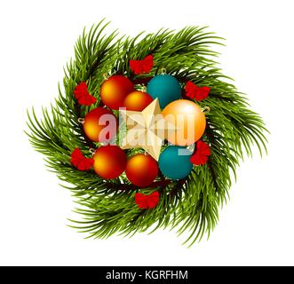 Ghirlanda realistico Buon Natale ramo pino Illustrazione Vettoriale