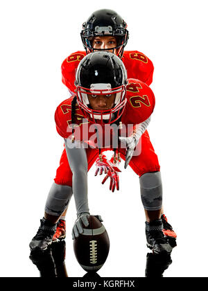 Due donne ragazze teenager american football giocatori isolati su sfondo bianco silhouette con ombre Foto Stock