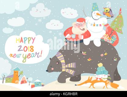 Babbo Natale con pupazzo di neve Equitazione sul retro di orso amichevole Illustrazione Vettoriale