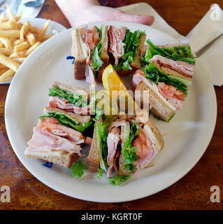 Mano presentando il triangolo di base cut club sandwich sulla piastra bianca. Foto Stock