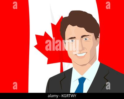 Novembre 10, 2017 llustrazione editoriale del primo ministro del Canada justin trudeau ritratto sulla bandiera canadese sfondo. Illustrazione Vettoriale