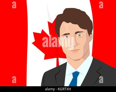 Novembre 10, 2017 llustrazione editoriale del primo ministro del Canada justin trudeau ritratto sulla bandiera canadese sfondo. Illustrazione Vettoriale