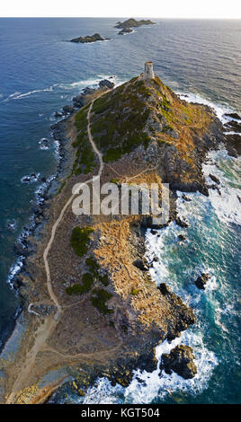 Vista aerea delle isole di prodotti ematici e la parata tower, la torre genovese costruita nel 1608, Corsica, Francia. tramonto sul mare in rosso scuro porfido Foto Stock