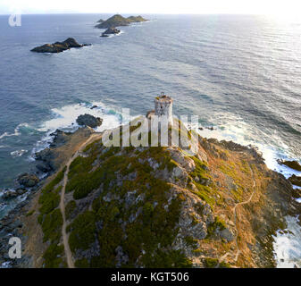 Vista aerea delle isole di prodotti ematici e la parata tower, la torre genovese costruita nel 1608, Corsica, Francia. tramonto sul mare in rosso scuro porfido Foto Stock