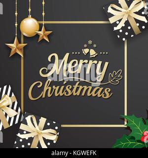 Oro buon natale decorazione ornamento con confezione regalo su sfondo nero. premium luxury per il messaggio di saluto festivo card. Illustrazione Vettoriale