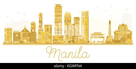 Manila Filippine skyline della città golden silhouette. Illustrazione Vettoriale. Business travel concept. Paesaggio con punti di riferimento. Illustrazione Vettoriale