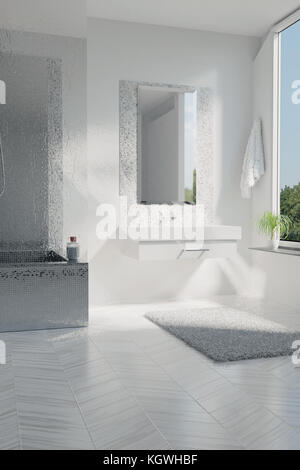 3D rendering del bianco di lusso bagno con piastrelle a mosaico Foto stock  - Alamy