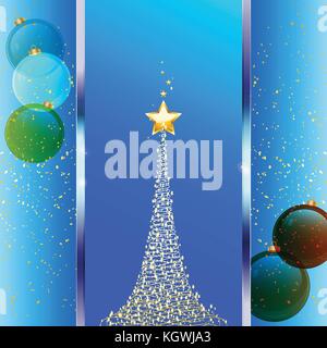 Festa di Natale sfondo blu con pannello metallico estratto albero star e baubles di vetro Illustrazione Vettoriale