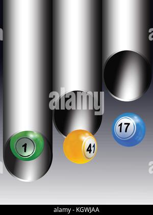 3d illustrazione del trio di bingo sfere della lotteria che esce dai tubi metallici su sfondo grigio Illustrazione Vettoriale