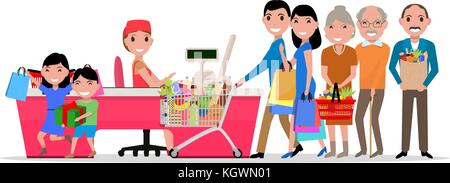 Vector cartoon di persone facendo shopping supermarket Illustrazione Vettoriale