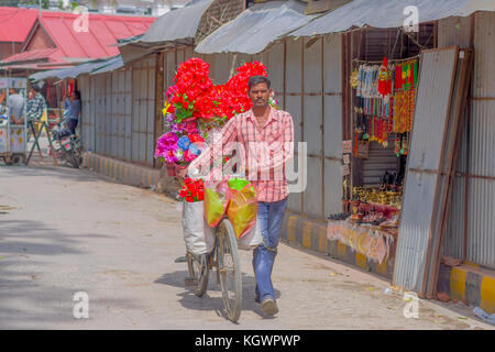 Kathmandu, Nepal ottobre 10, 2017: unidentified uomo a camminare con una bici in strada con la materia plastica artificiale fiori in Kathmandu, Nepal Foto Stock