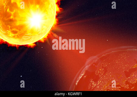 Computer illustrazione che mostra un brillamento solare che colpisce la terra. Gli elementi di questa immagine fornita dalla NASA. Foto Stock