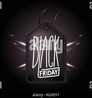 Di alta qualità in pelle scura distintivo per il black friday shopping giorno. handdrawn iscrizione lineare. leathern etichetta per il vostro web business retail Illustrazione Vettoriale