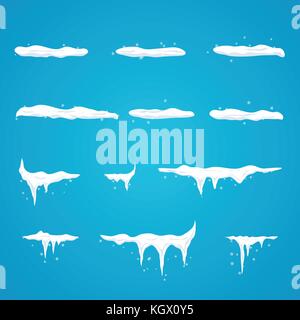 Serie di tappi di neve, fiocchi di neve e ghiaccioli. Anno nuovo set di decorazione per il sito web. nuvole di neve Illustrazione Vettoriale