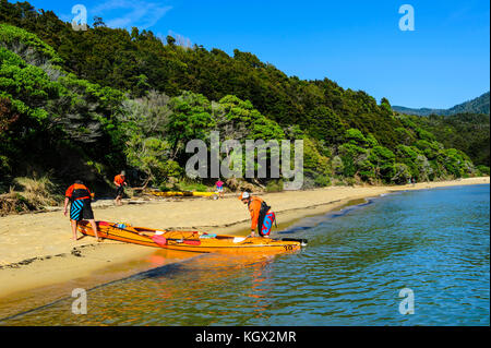 I turisti in kayak il Parco nazionale Abel Tasman, Isola del Sud, Nuova Zelanda Foto Stock