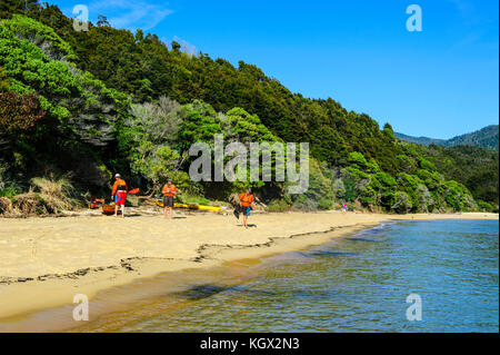 I turisti in kayak il Parco nazionale Abel Tasman, Isola del Sud, Nuova Zelanda Foto Stock