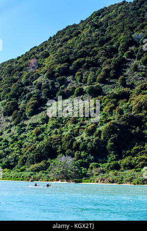 I turisti in kayak il Parco nazionale Abel Tasman, Isola del Sud, Nuova Zelanda Foto Stock