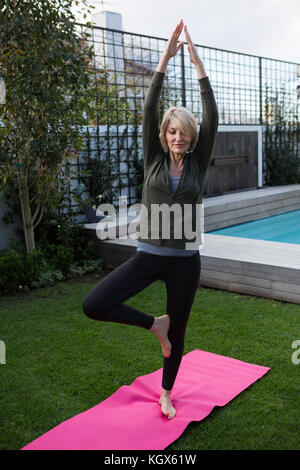 Bella donna a praticare yoga in prato in una giornata di sole Foto Stock