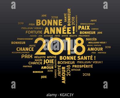Saluto oro parole francesi intorno all anno 2018 Data, su nero Illustrazione Vettoriale