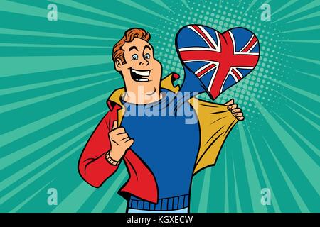 Appassionati di sport ama uk. cuore con la bandiera del paese. fumetto cartone animato in stile pop art illustrazione vettore retrò Illustrazione Vettoriale