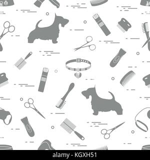 Modello con il cane, pettini, collare, guinzaglio, rasoio, asciugacapelli, ciotola, forbici. health care, toelettatura, prendersi cura di un cane, mostra. Illustrazione Vettoriale