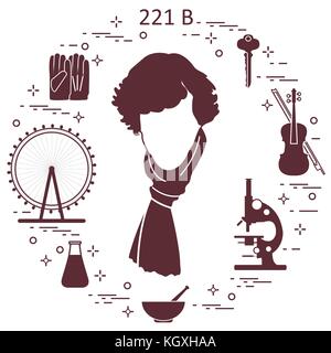 Detective privato Sherlock Holmes con una varietà di strumenti e attrezzature. l'eroe della popolare serie tv. design per un annuncio stampa. Illustrazione Vettoriale