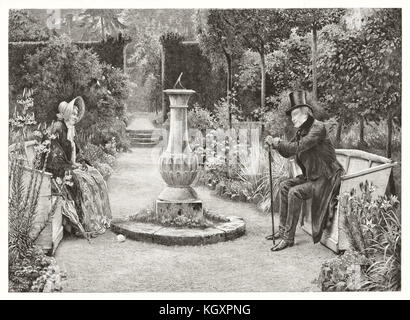 Vecchia immagine raffigurante anziano uomo e donna seduta di fronte agli ioni di panchine in un parco. Da Sadler e Boucher, publ, a Londra, ca. 1892 Foto Stock