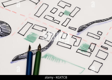 Raccolta di diversi disegni architettonici e schizzi di urbanistica Foto Stock