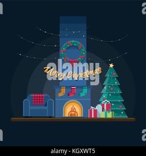 Natale buia stanza vivente con il camino, poltrona, luci, albero di natale, presenta e decorazione. elementi sono stratificati separatamente in file vettoriale. Illustrazione Vettoriale