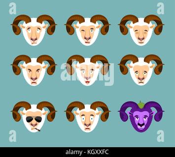 Set di ram emozione avatar. triste e volto arrabbiato. colpevole e dormire. animale da azienda a pelo faccia emoji. pecore di melanzane. illustrazione vettoriale Illustrazione Vettoriale