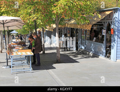 Libraio stand e bancarelle, Cuesta de Moyano vicino al parco del Retiro di Madrid, Spagna Foto Stock