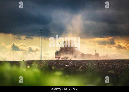 L'agricoltore nel trattore la preparazione di terra con il seedbed coltivatore, sunset shot Foto Stock