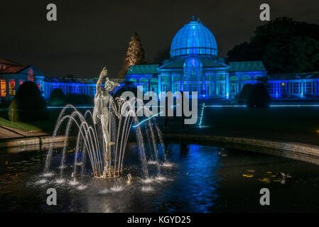 Londra, Regno Unito. Decimo Nov, 2017. Il bosco incantato si apre a Syon House nella zona ovest di Londra. Un sentiero illuminato porta i visitatori attraverso i giardini progettati da Capability Brown, intorno a un lago ornamentale e termina presso lo spettacolare grande conservatorio. Credito: Stephen Chung/Alamy Live News Foto Stock