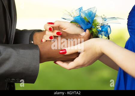 Diversi giovani ragazzi tenetevi pronti per la PROM. Foto Stock