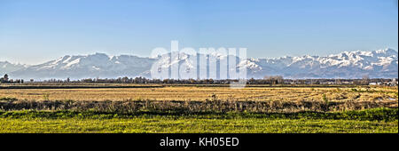 Il paesaggio della campagna italiana della valle padana, Novara e Vercelli con sullo sfondo la catena montuosa delle Alpi Foto Stock