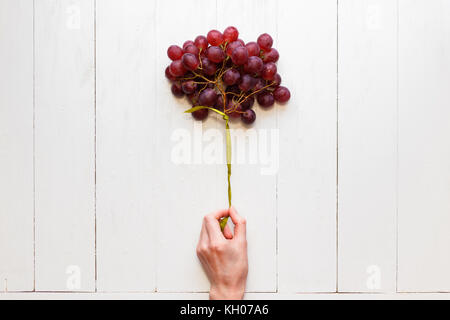 Un grappolo di uva legato con un nastro in una donna di mano su un bianco sullo sfondo di legno. Vista da sopra. Uve come palloncini. Il concetto di facilità e cibo sano Foto Stock