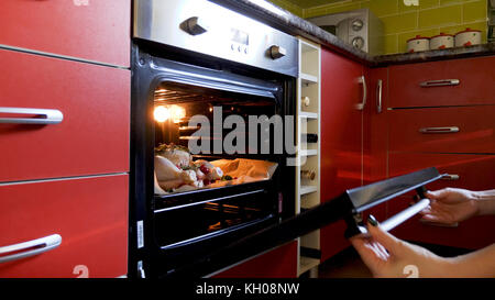 Mani femminili immissione materie di pollo intero sul vassoio in forno per la tostatura. Foto Stock