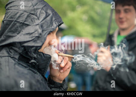 La gente puffa i lotti delle giunture all'annuale giorno di Cannabis di fumo in Hyde Park a Londra. REGNO UNITO 20/04 2014. Foto Stock