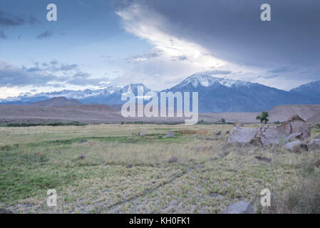 Sulle montagne di Sierra Nevada in piedi sopra il drammatico altopiani vulcanici nel Vescovo, CA. Foto Stock