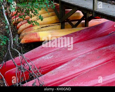 I kayak e canoe memorizzati sotto la passerella di legno. Gilchrist Blue Springs State Park, Gilchrist County, Florida, Stati Uniti d'America. Foto Stock