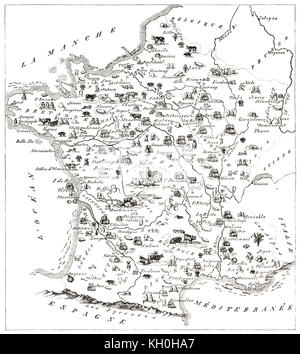 Francia vecchio gastonomic mappa. Da MacCarthy, Freeman e Sotain, publ. su Magasin pittoresco, Parigi, 1847 Foto Stock