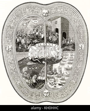 Riproduzione di uno scudo tenuto a Madrid Armeria Reale (probabilmente apparteneva a Carlo V). Da autore non identificato, publ. su Magasin pittoresco, Parigi, 18 Foto Stock