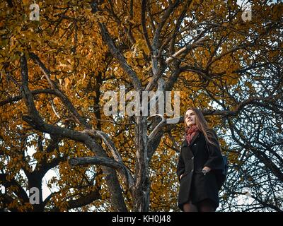 Una ragazza in un mantello nero passeggiate attraverso il giardino in autunno. gialla foglie degli alberi riempite la terra attorno a. Esso è caldo clima soleggiato. Foto Stock