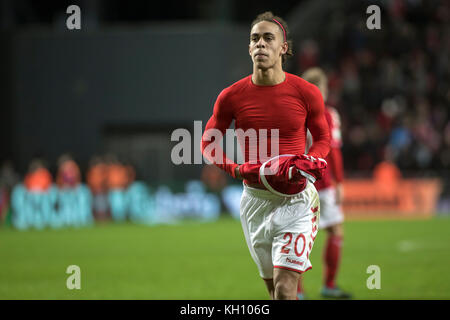 Danimarca, Copenaghen - 11 novembre 2017. Yussuf Poulsen di Danimarca visto dopo la partita di playoff della Coppa del mondo tra Danimarca e Irlanda a Telia Parken di Copenaghen. Foto Stock