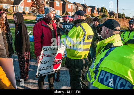 Broad Oak, Heathfield, East Sussex, Regno Unito. 13th novembre 2017. I manifestanti di salvataggio del Sussex Animal si riuniscono all'ingresso della Tottingworth Farm Abattoir. Foto Stock