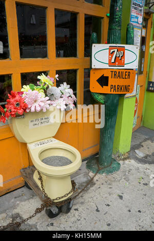 Un vecchio wc decorate e utilizzato come un posacenere al di fuori di un pub nella sezione di Chelsea di Manhattan, New York City. Foto Stock